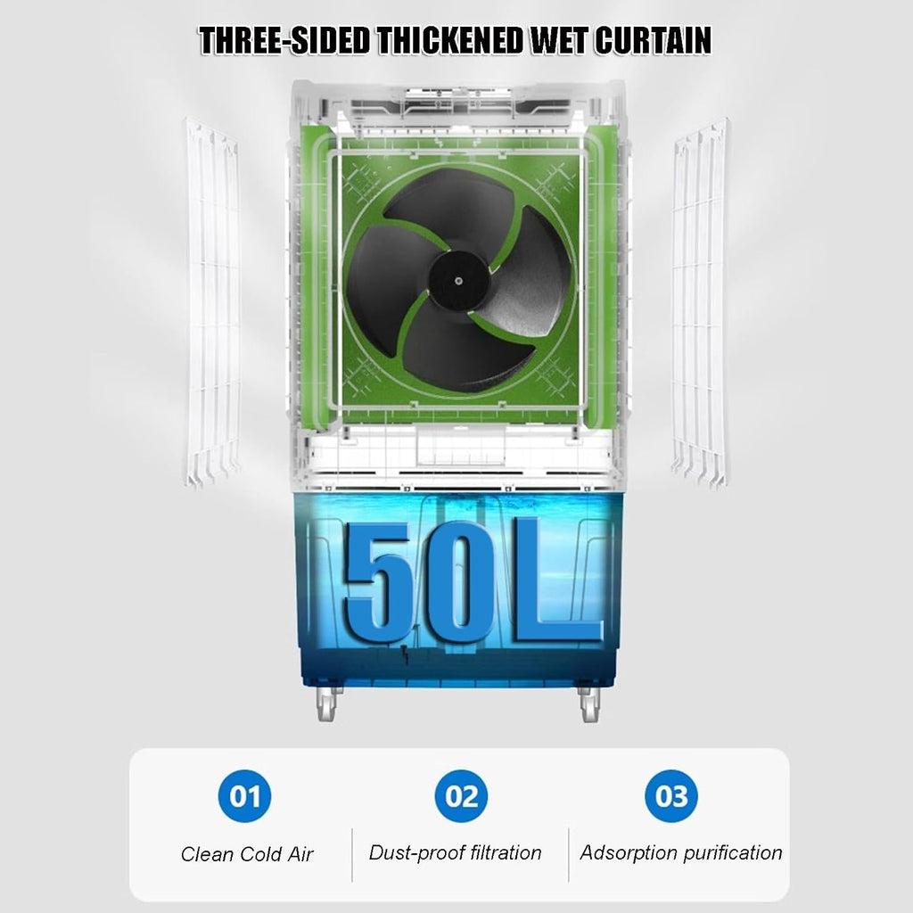  Refroidisseur D'air Industriel Par évaporation Avec 4 Roues Universelles, Réservoir D'eau De 60 L, Oscillation à 120 °, 3 Vitesses, Refroidissement Jusqu'à 90 M²