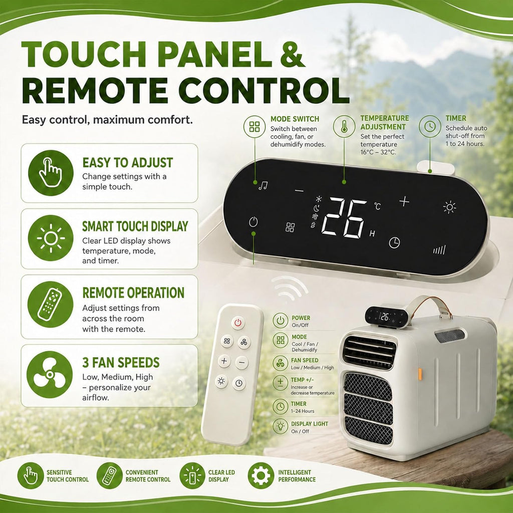  Compact 4700 BTU Portable AC, 450W Mobile Cooler Pour RVs & Tentes, Ventilateur Déshumidificateur 45dB Silencieux Avec Télécommande, Conception Auto-évaporatrice Pour Petits Espaces