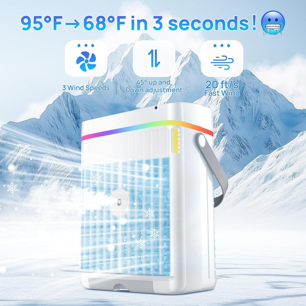  Climatiseur Portable, Réservoir D'eau De 1 134 G, 3 Vitesses Du Vent Et 3 Brume Froide, Minuterie De 1 à 3 Heures Et 7 Lumières LED, Petit Climatiseur Personnel Portable Pour Chambre/bureau