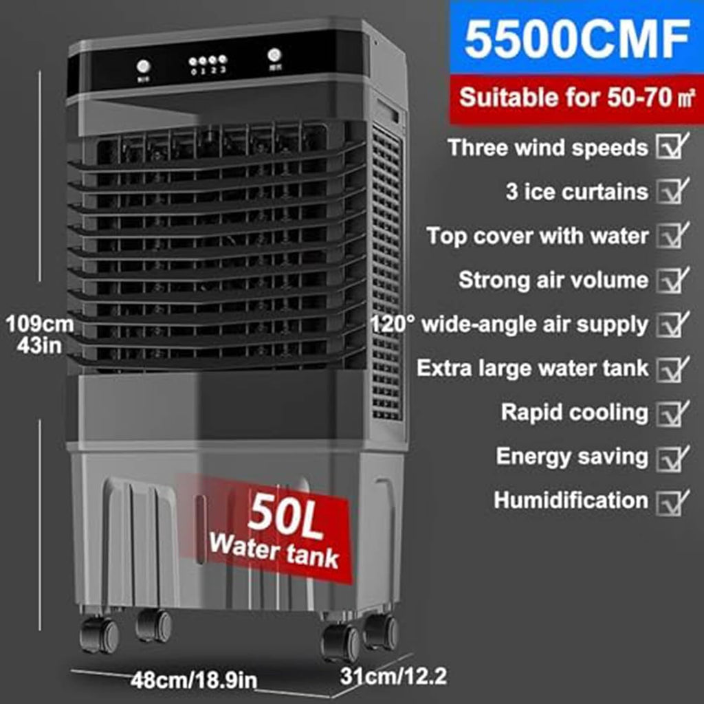 Ventilateur Rafraîchisseur D'air Par évaporation, Portable, à 3 Vitesses Et Avec Compartiment à Glace, Réservoir D'eau De 40/45/50 L, Idéal Pour Les Grandes Pièces Et Une Utilisation En Extérieur.