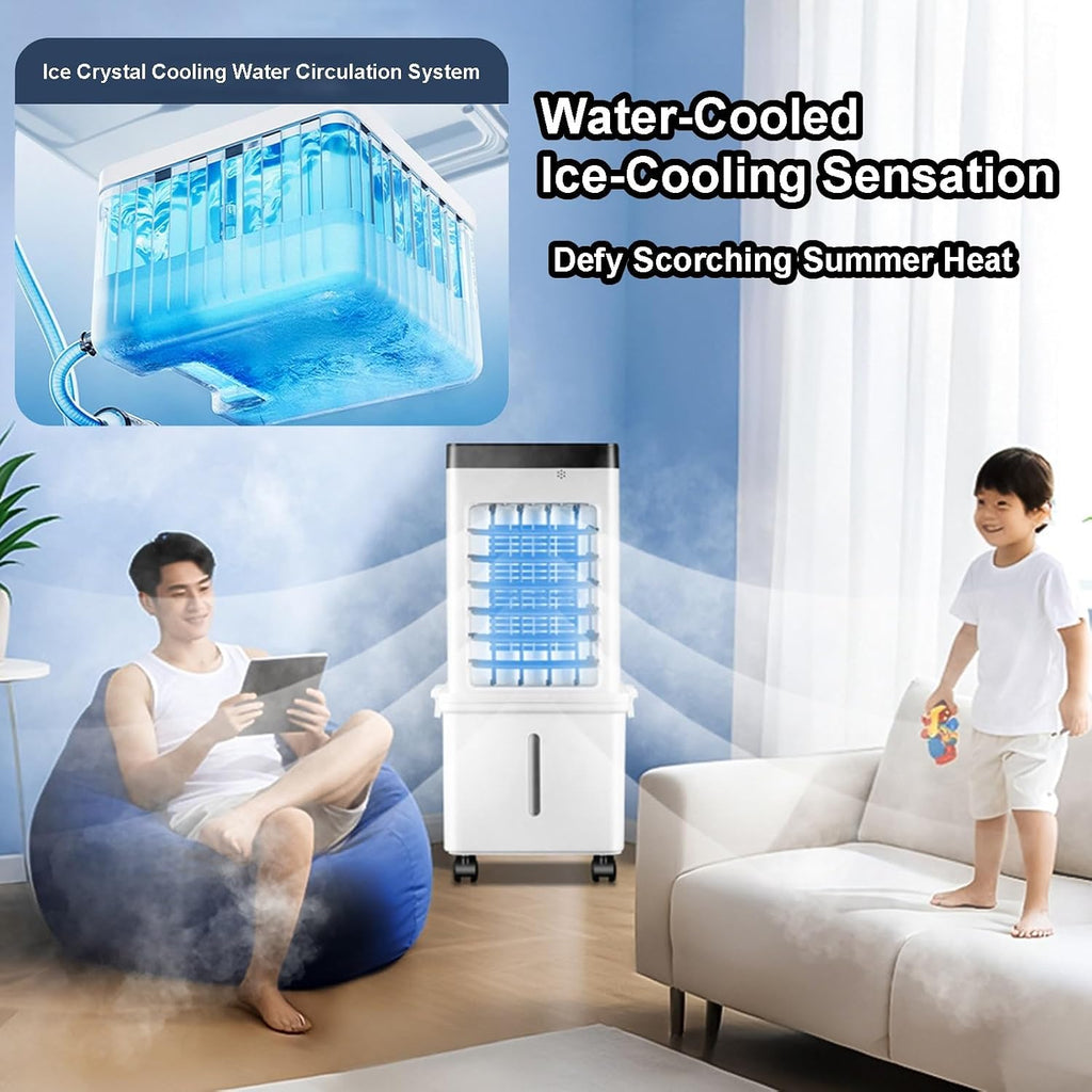  Refroidisseur D'air Par évaporation Avec Grand Réservoir De 15 L, Oscillation à 80 °, Minuterie 24 Heures, Télécommande, Débit D'air élevé, Faible Bruit, Fonction Brume Et Humidificateur