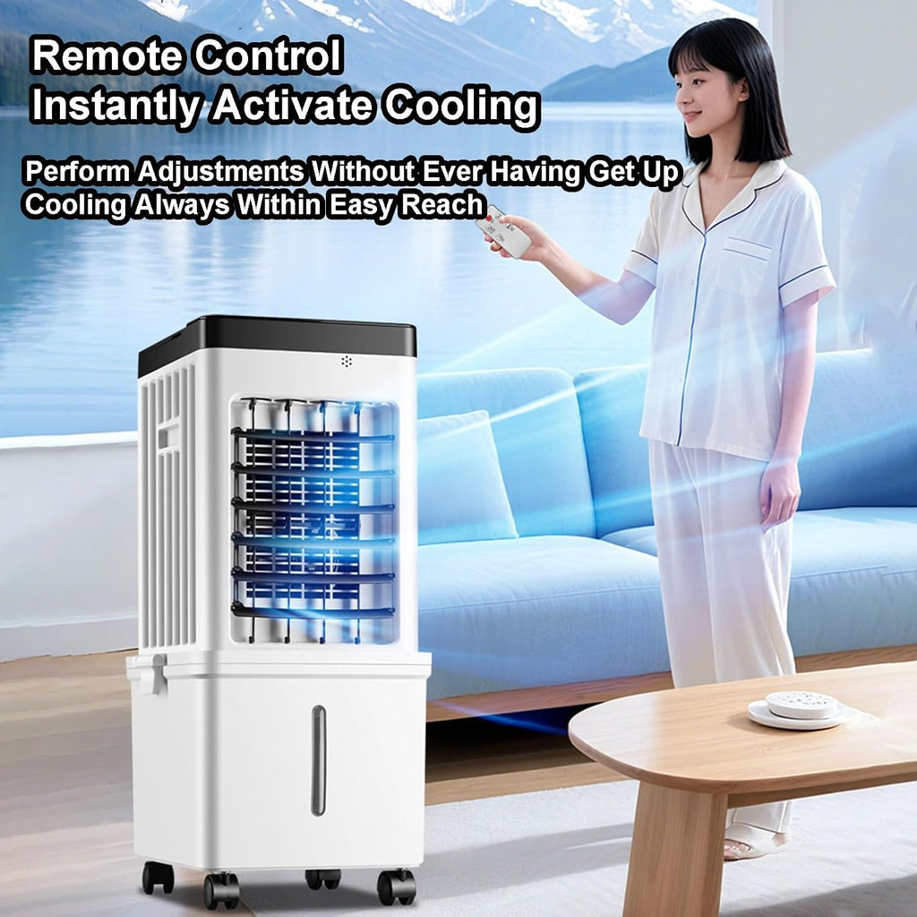  Refroidisseur D'air Par évaporation Avec Grand Réservoir De 15 L, Oscillation à 80 °, Minuterie 24 Heures, Télécommande, Débit D'air élevé, Faible Bruit, Fonction Brume Et Humidificateur