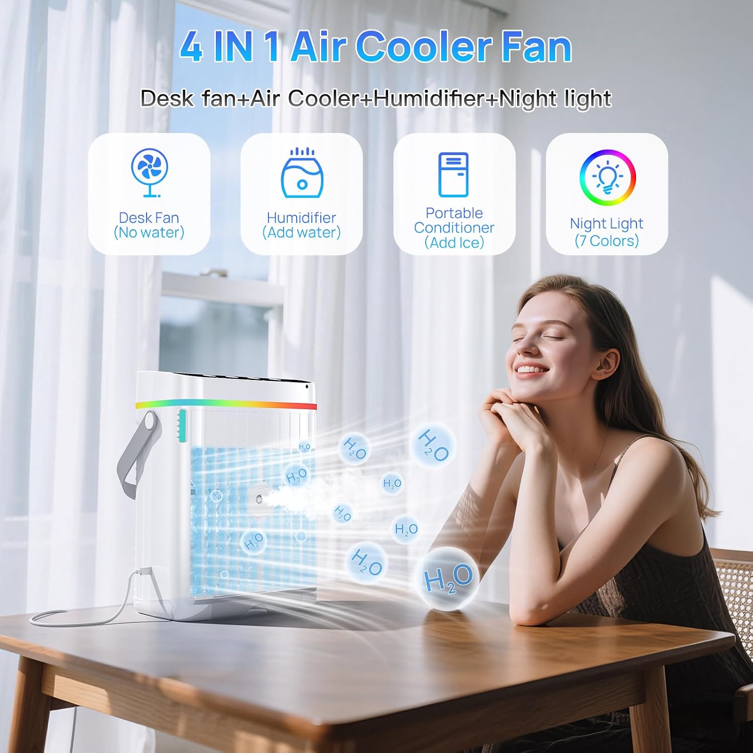  Climatiseur Portable, Réservoir D'eau De 1 134 G, 3 Vitesses Du Vent Et 3 Brume Froide, Minuterie De 1 à 3 Heures Et 7 Lumières LED, Petit Climatiseur Personnel Portable Pour Chambre/bureau