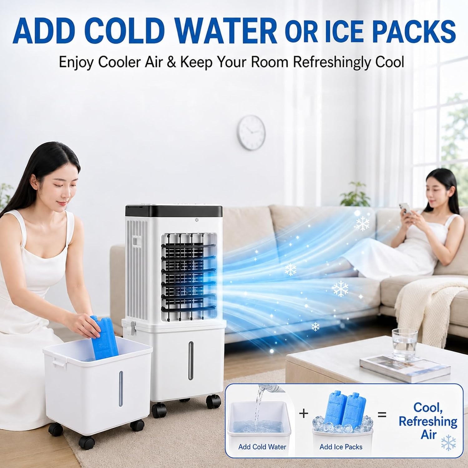  Rafraîchisseur D'air Par Évaporation Pour La Maison, Ventilateur De Refroidissement 15L, 3 Vitesses, 4 Pains De Glace, Réservoir D'eau Amovible