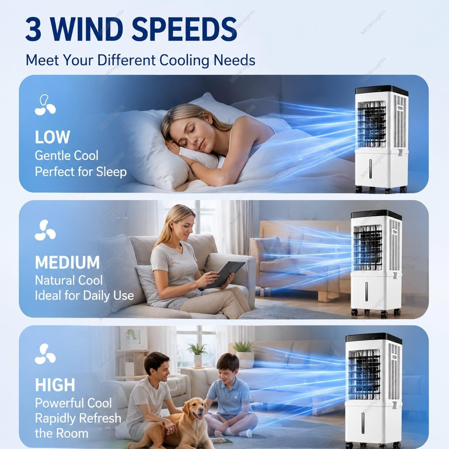  Climatiseur Portable 15L Avec Ventilateur Et Rafraîchisseur D'air Par évaporation, Grand Réservoir D'eau, 3 Vitesses Et Roulettes Universelles Pour Chambre, Salon Et Bureau RemoteControl