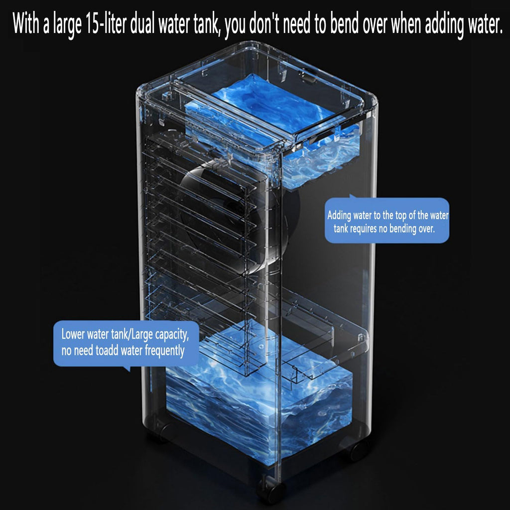 GENERIC Climatiseur Mobile 15L : Refroidisseur D'air évaporatif, 3 Vitesses, Oscillation 90°, Minuterie 7.5H, Ventilateur Silencieux 40dB, écoénergétique, Compact à Roulettes Pour Bureau Chambre