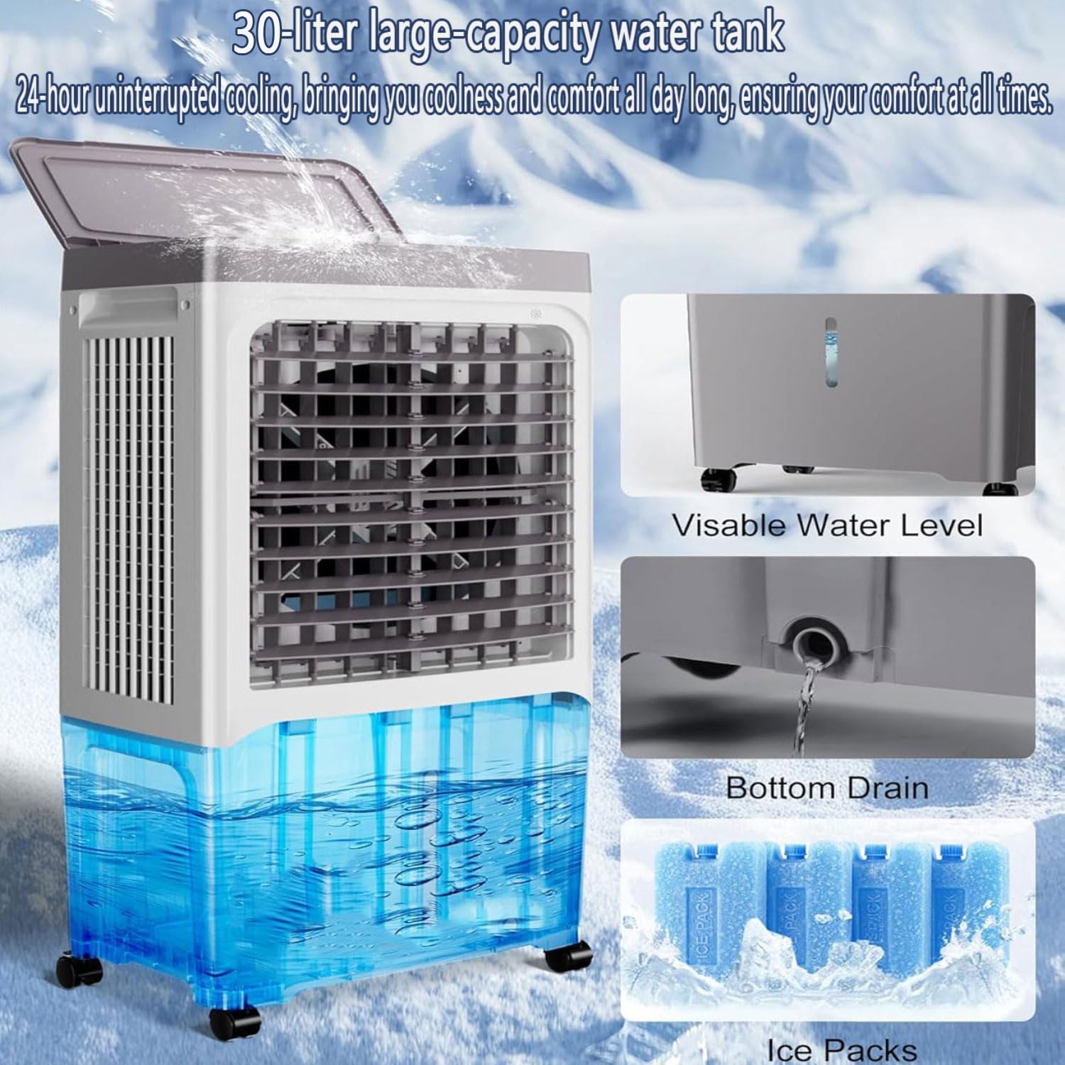 GENERIC Refroidisseur D'air Par évaporation Avec Ventilateur, Réservoir D'eau De 30 L, 3 Vitesses, Oscillation à 120°, 2 Blocs De Glace, Climatiseur Portable Pour Garage, Terrasse, Jardin Ou Usine.