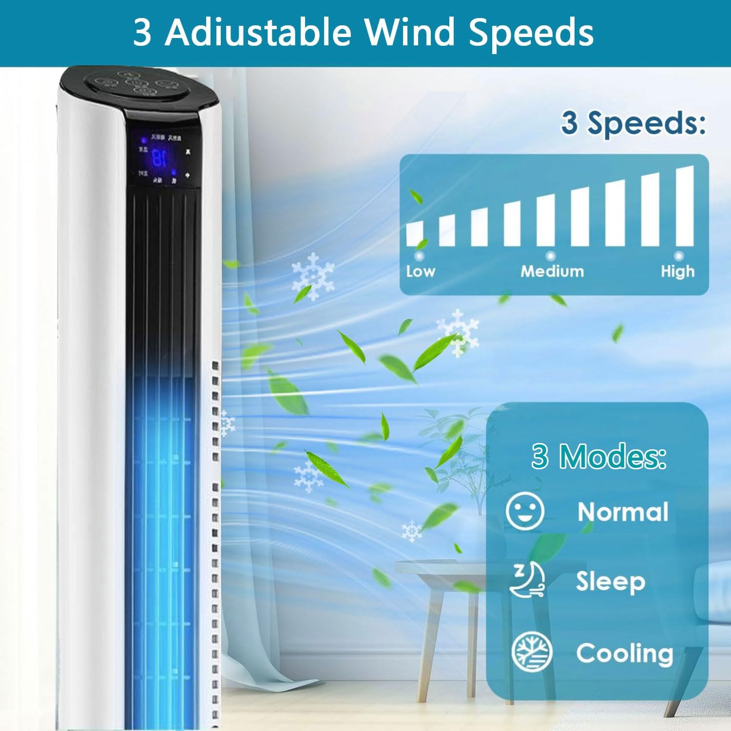 GENERIC Ventilateur De Tour Ultra Silencieux, Circulateur D'air Portable Avec Télécommande, 3 Vitesses, 60 Oscillation, 12H Minuterie.Conception D'économie D'espace Pour La Chambre à Coucher, Bureau, Usage Do