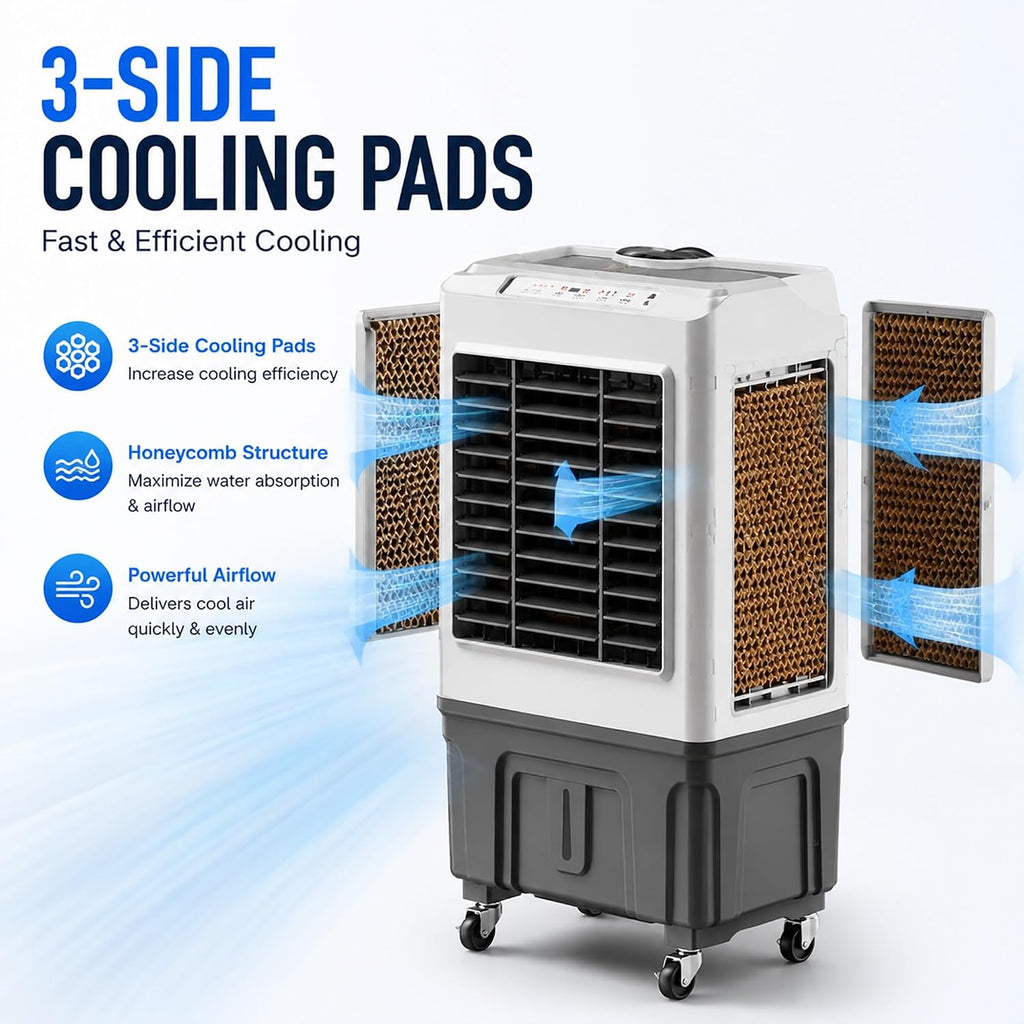  Rafraîchisseurs D'air Par Évaporation Avec Réservoir D'eau 50 L/55 L, Climatiseurs Portables, 3 Vitesses Avec Oscillation, Télécommande, Minuterie 7 Heures, 4 Blocs De Glace(88 * 50 * 37cm)