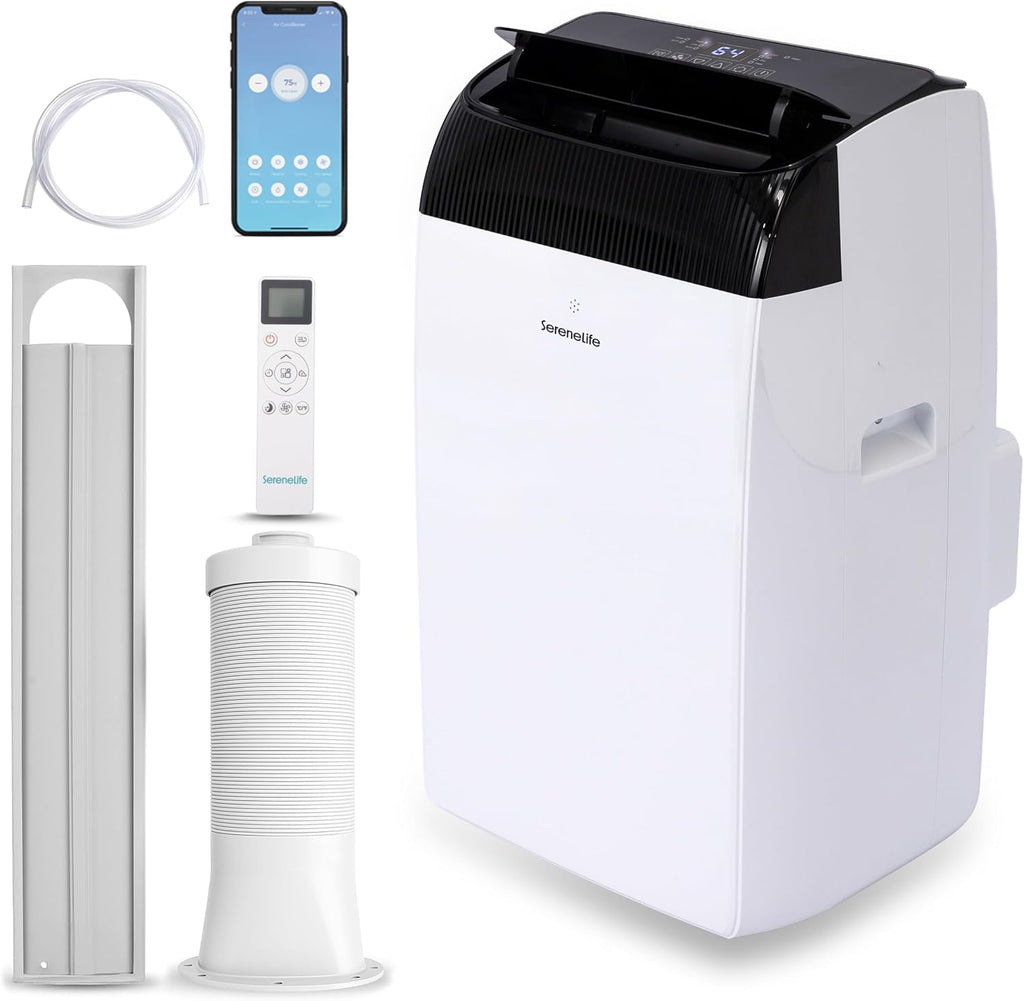  SereneLife Climatiseur Mobile Silencieux,9000 BTU,Climatiseur Portable 3-en-1 Avec Fonction Déshumidificateur Intégré,Mode Ventilateur,Télécommande,Kit D'Évacuation Complet Montable Sur Fenêtre,Blanc