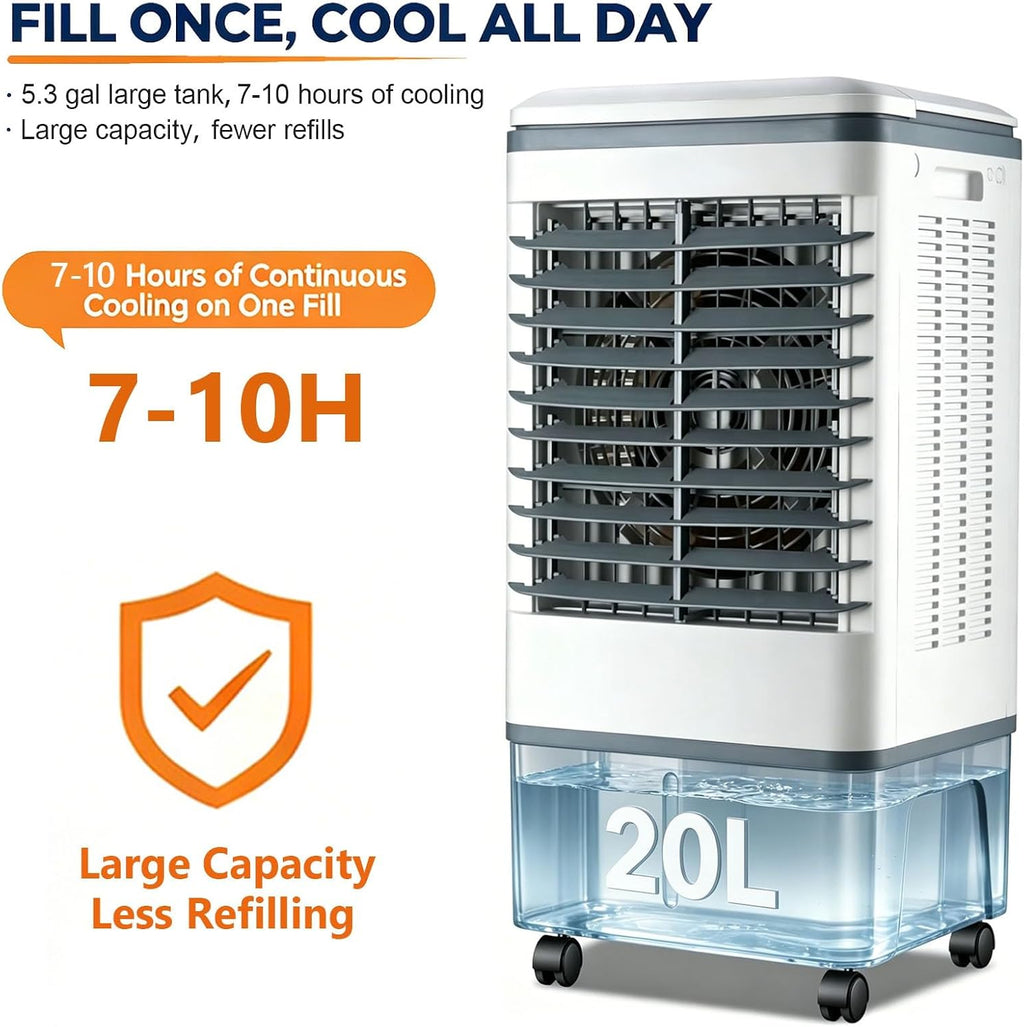 GENERIC Ventilateur Refroidisseur D'air Portable 3 En 1, Réservoir 20 L, Oscillation 120°, 4 Roues, 3 Réglages De Vitesse, Rideau D'eau, Sans Tuyau, 80 W, Comprend 2 Blocs De Glace, For Atelier
