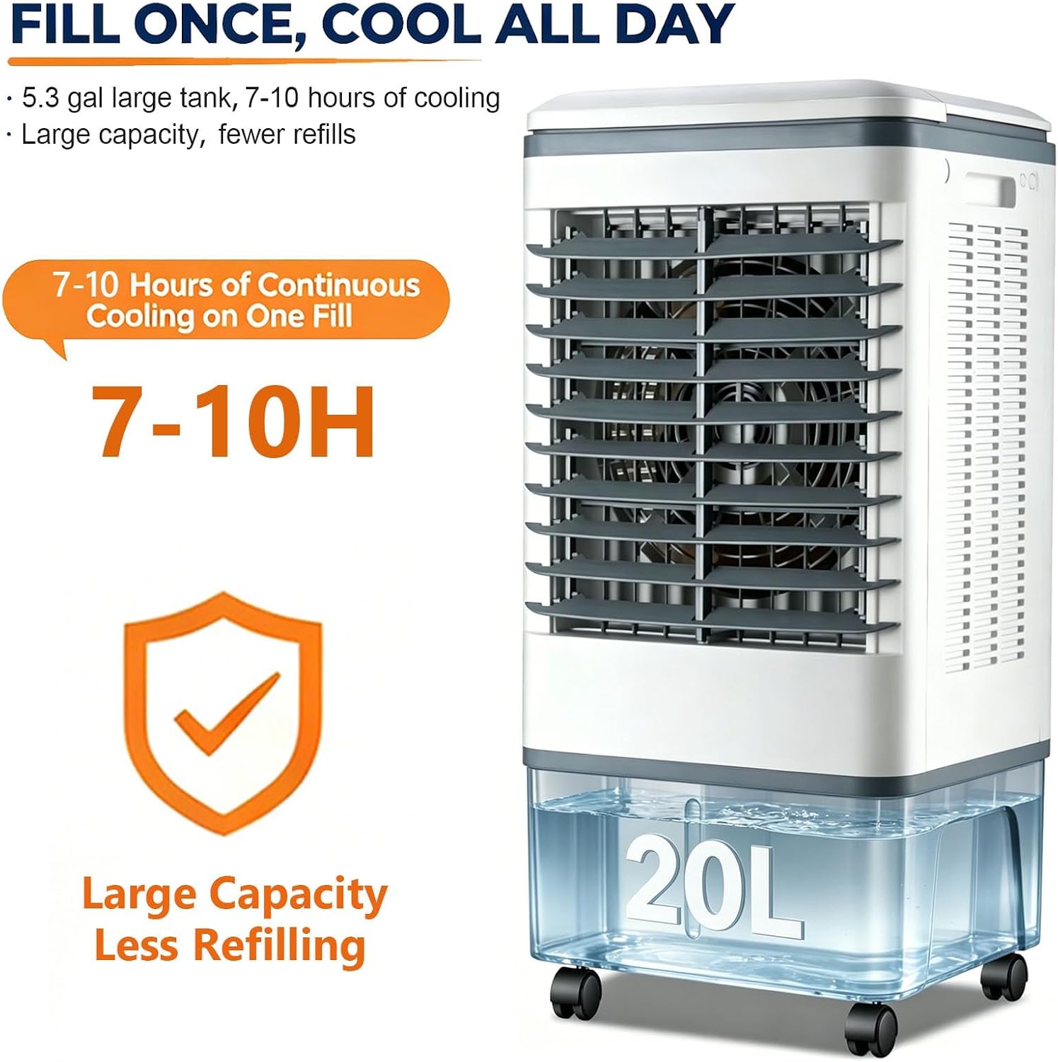 GENERIC Ventilateur Refroidisseur D'air Portable 3 En 1, Réservoir 20 L, Oscillation 120°, 4 Roues, 3 Réglages De Vitesse, Rideau D'eau, Sans Tuyau, 80 W, Comprend 2 Blocs De Glace, For Atelier