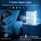  Climatiseur Portable, Réservoir D'eau De 1 134 G, 3 Vitesses Du Vent Et 3 Brume Froide, Minuterie De 1 à 3 Heures Et 7 Lumières LED, Petit Climatiseur Personnel Portable Pour Chambre/bureau