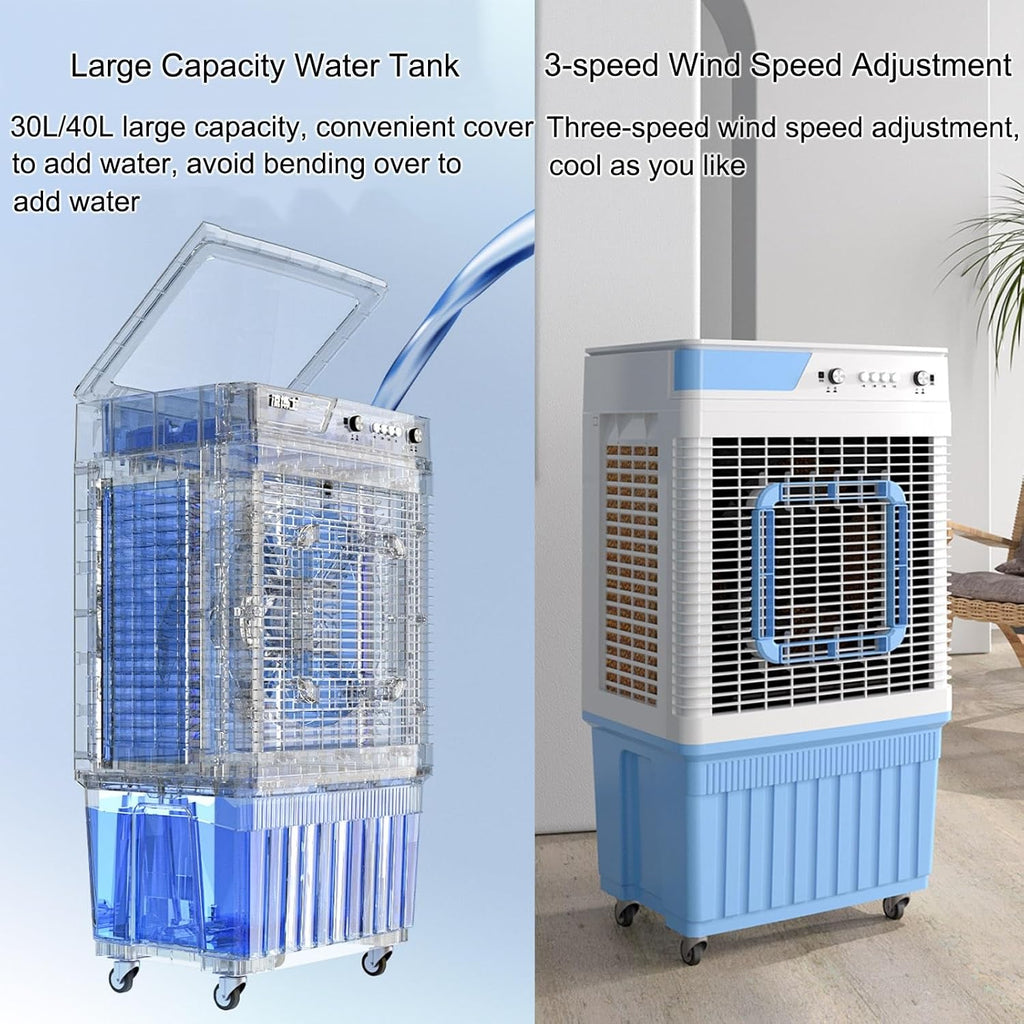 GENERIC 3 En 1 Refroidisseur D'air évaporatif, Ventilateur De Refroidissement De Marais De 30L Avec Des Boîtes à Glace, Réglages à 3 Vitesses, Sortie Oscillante 150 ° Pour Garage, Atelier, Refroidissement De