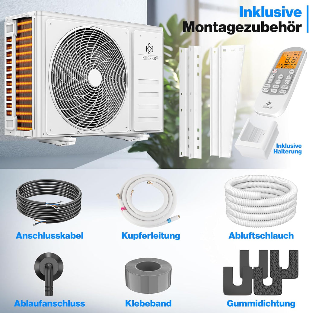  KESSER® Climatiseur SET Split – Wi-Fi/application – Refroidissement A++/chauffage A+ – Réfrigérant R32 – Télécommande, Matériel De Montage 9 000 BTU/h (2 600 Watts) Blanc [Classe énergétique A++]