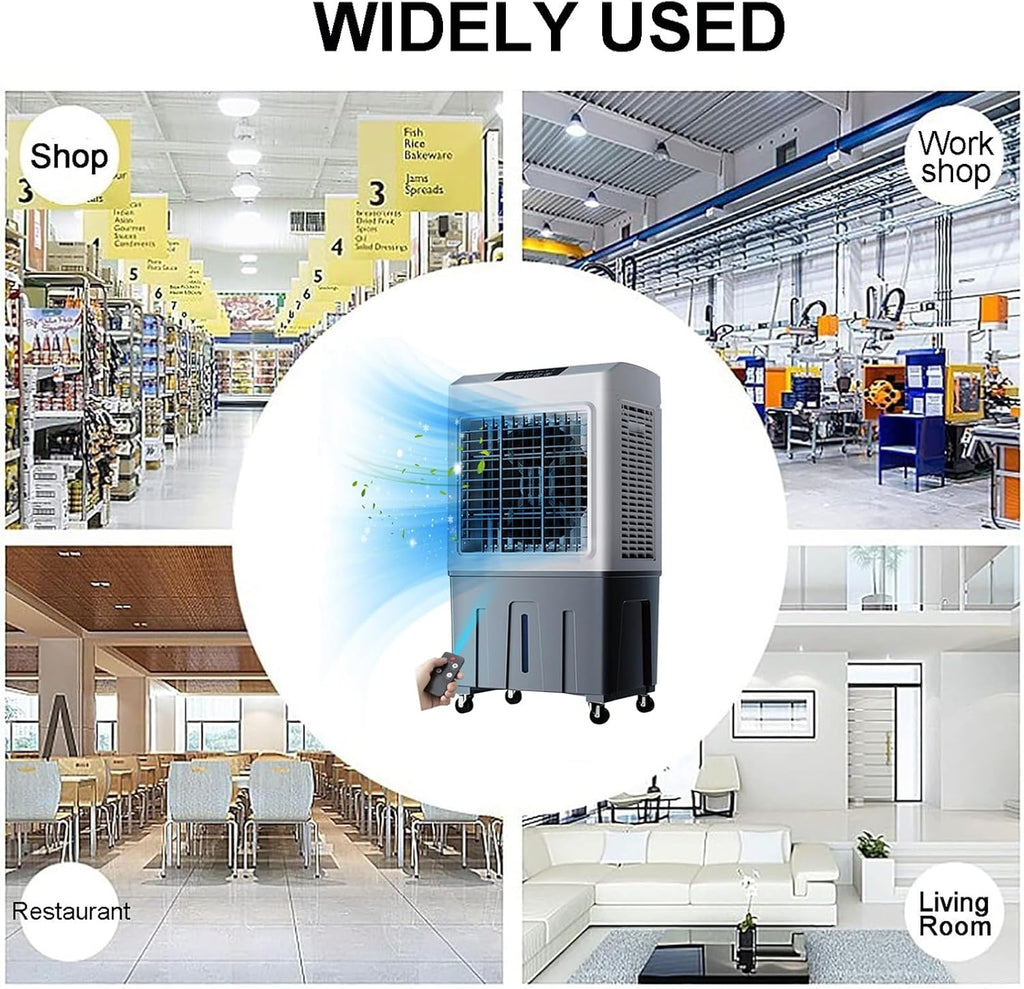  Refroidisseur D'air Industriel Par évaporation Avec 4 Roues Universelles, Réservoir D'eau De 60 L, Oscillation à 120 °, 3 Vitesses, Refroidissement Jusqu'à 90 M²