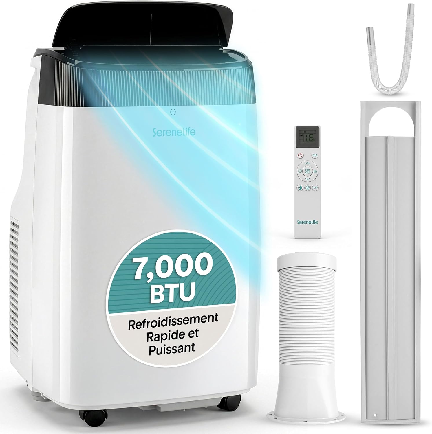  SereneLife Climatiseur Mobile Silencieux,9000 BTU,Climatiseur Portable 3-en-1 Avec Fonction Déshumidificateur Intégré,Mode Ventilateur,Télécommande,Kit D'Évacuation Complet Montable Sur Fenêtre,Blanc