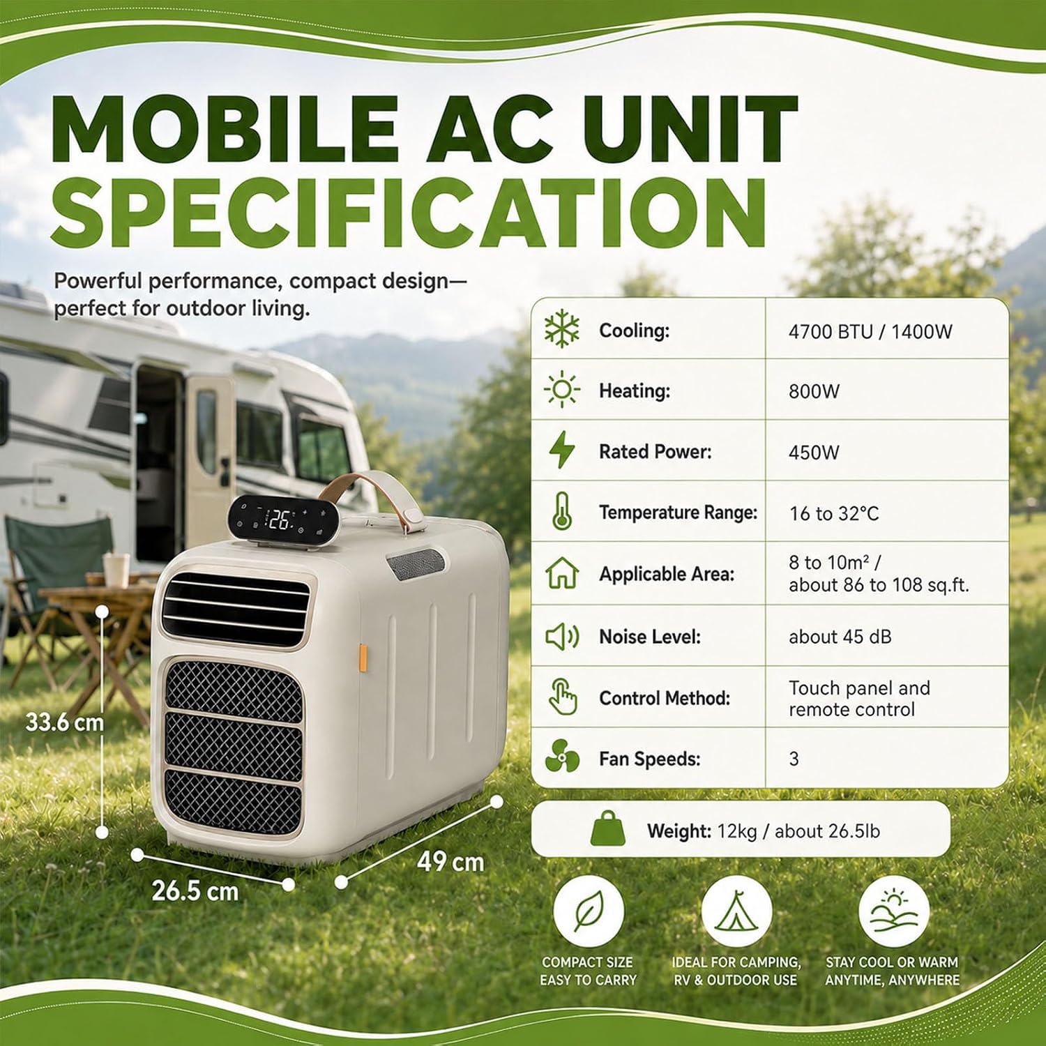  Compact 4700 BTU Portable AC, 450W Mobile Cooler Pour RVs & Tentes, Ventilateur Déshumidificateur 45dB Silencieux Avec Télécommande, Conception Auto-évaporatrice Pour Petits Espaces