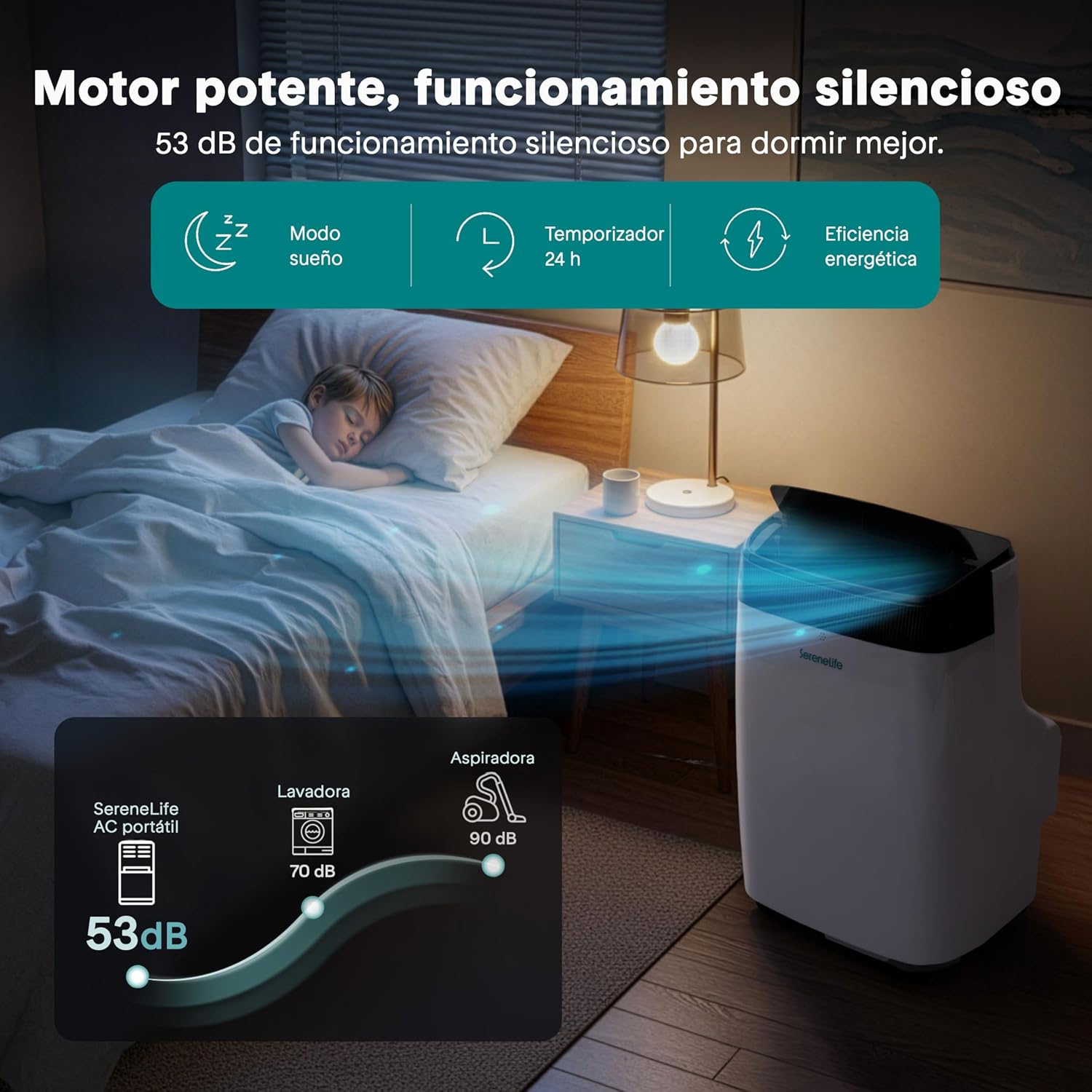  SereneLife Climatiseur Mobile Silencieux,9000 BTU,Climatiseur Portable 3-en-1 Avec Fonction Déshumidificateur Intégré,Mode Ventilateur,Télécommande,Kit D'Évacuation Complet Montable Sur Fenêtre,Blanc
