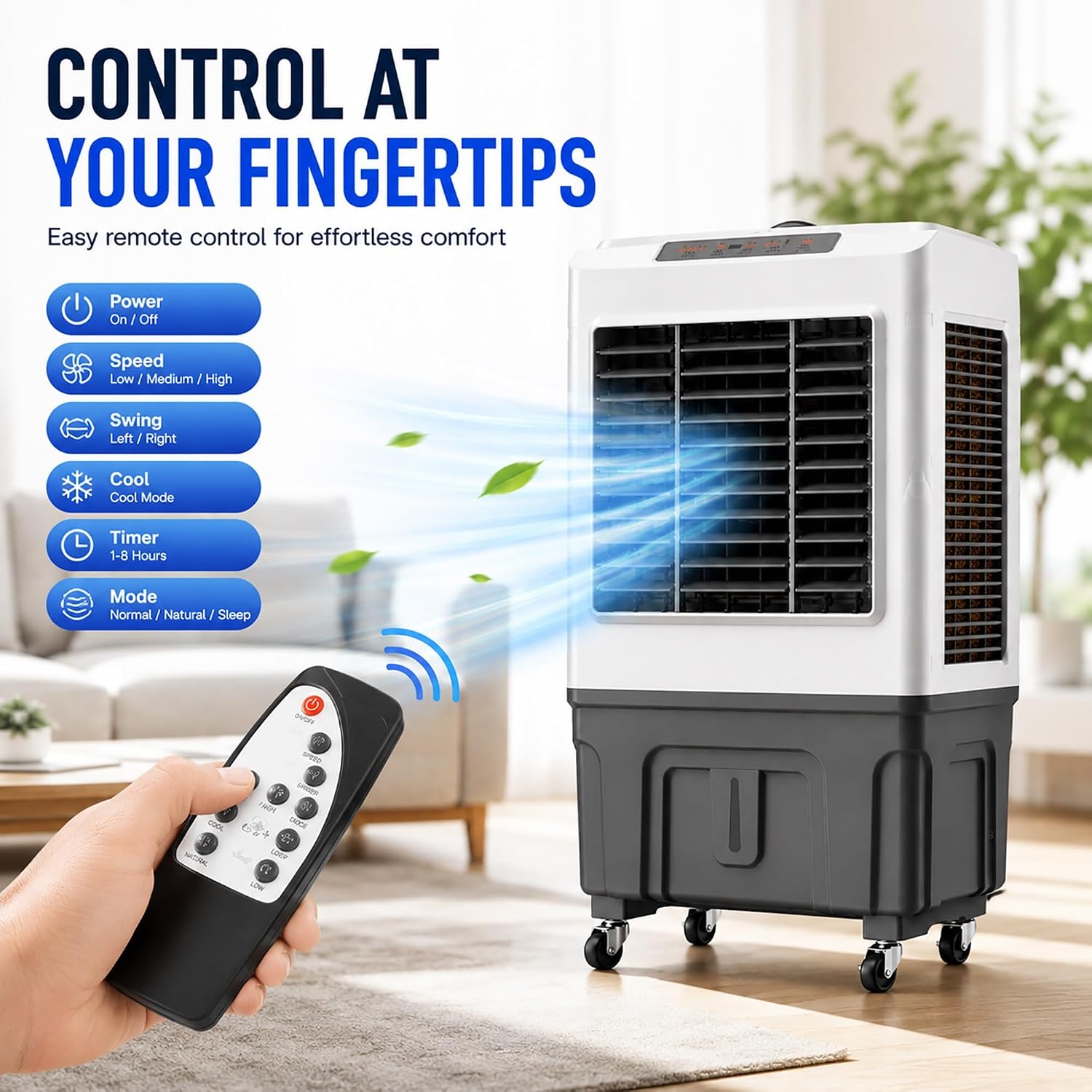  Rafraîchisseurs D'air Par Évaporation Avec Réservoir D'eau 50 L/55 L, Climatiseurs Portables, 3 Vitesses Avec Oscillation, Télécommande, Minuterie 7 Heures, 4 Blocs De Glace(88 * 50 * 37cm)