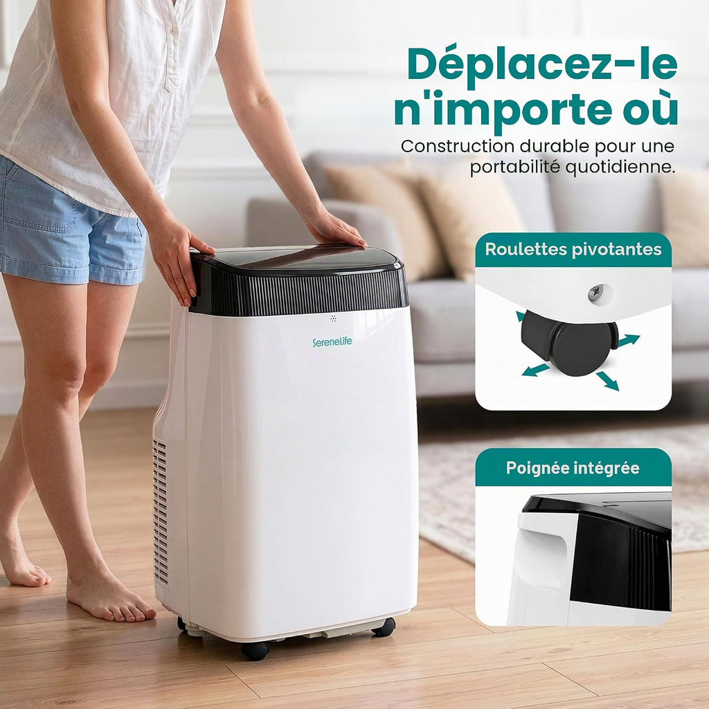  SereneLife Climatiseur Mobile Silencieux,9000 BTU,Climatiseur Portable 3-en-1 Avec Fonction Déshumidificateur Intégré,Mode Ventilateur,Télécommande,Kit D'Évacuation Complet Montable Sur Fenêtre,Blanc