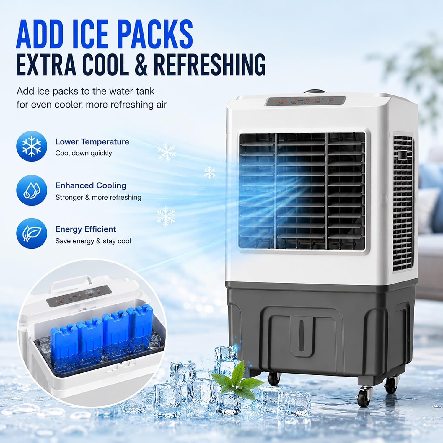  Rafraîchisseurs D'air Par Évaporation Avec Réservoir D'eau 50 L/55 L, Climatiseurs Portables, 3 Vitesses Avec Oscillation, Télécommande, Minuterie 7 Heures, 4 Blocs De Glace(88 * 50 * 37cm)