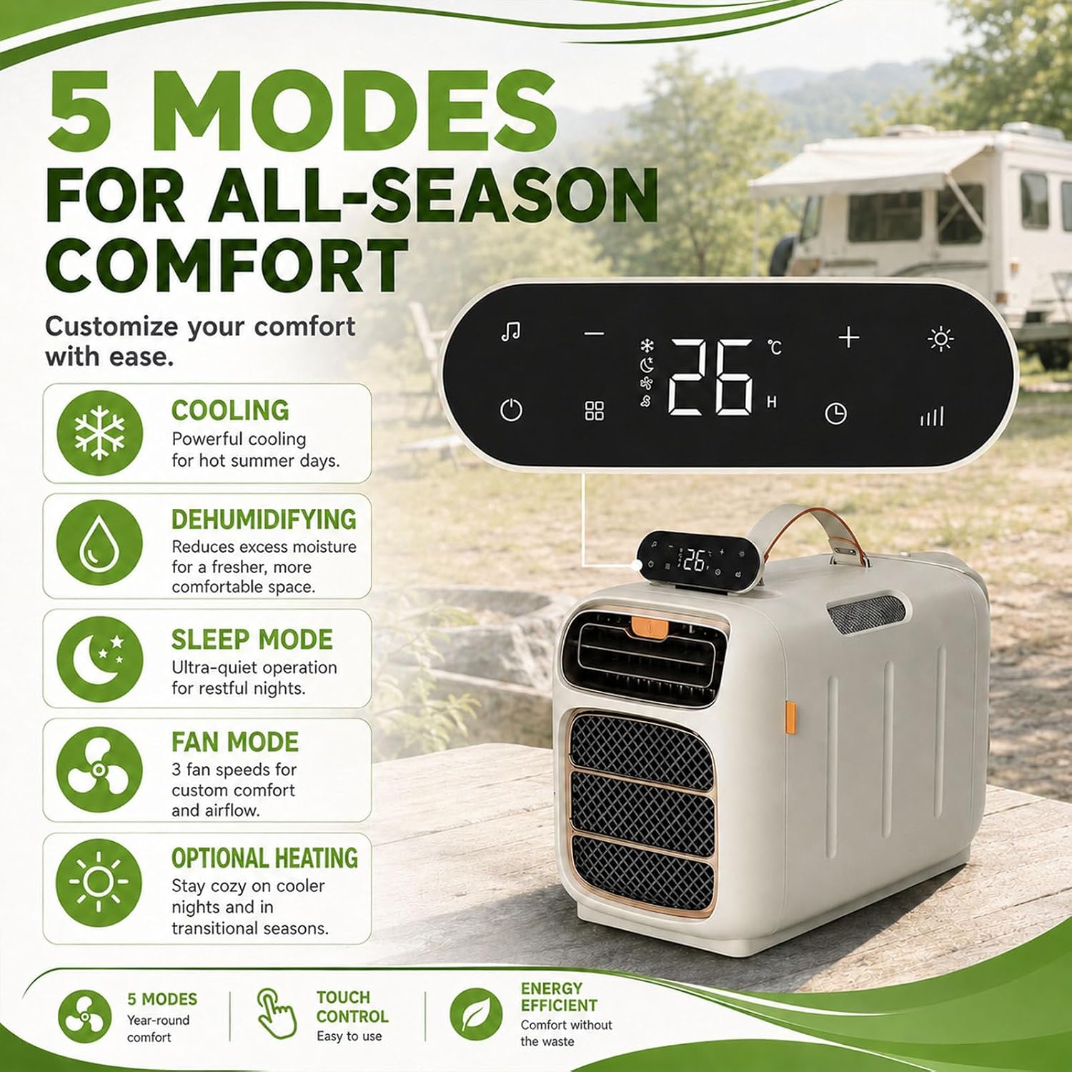  Compact 4700 BTU Portable AC, 450W Mobile Cooler Pour RVs & Tentes, Ventilateur Déshumidificateur 45dB Silencieux Avec Télécommande, Conception Auto-évaporatrice Pour Petits Espaces