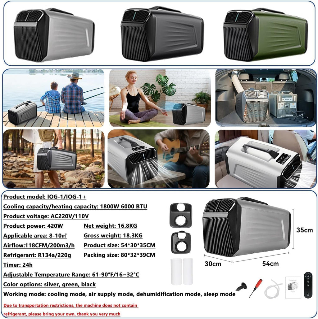  6000 BTU Portable AC Pour Camping RV Tente, 4-en-1 Refroidisseur Ventilateur De Déshumidificateur Avec Télécommande, Ultra Silencieux Faible Puissance, Unité Légère Pour L'extérieur à La Maison