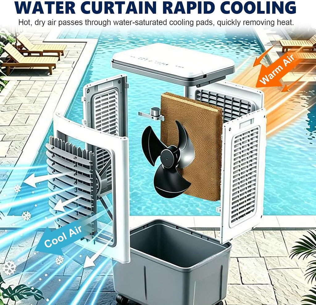 GENERIC Ventilateur Refroidisseur D'air Portable 3 En 1, Réservoir 20 L, Oscillation 120°, 4 Roues, 3 Réglages De Vitesse, Rideau D'eau, Sans Tuyau, 80 W, Comprend 2 Blocs De Glace, For Atelier